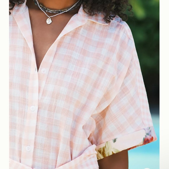 Maeve Felicia Peach Pink Plaid Floral Midi Short Sleeve Button Shirt Dress  XS - Picture 4 of 6